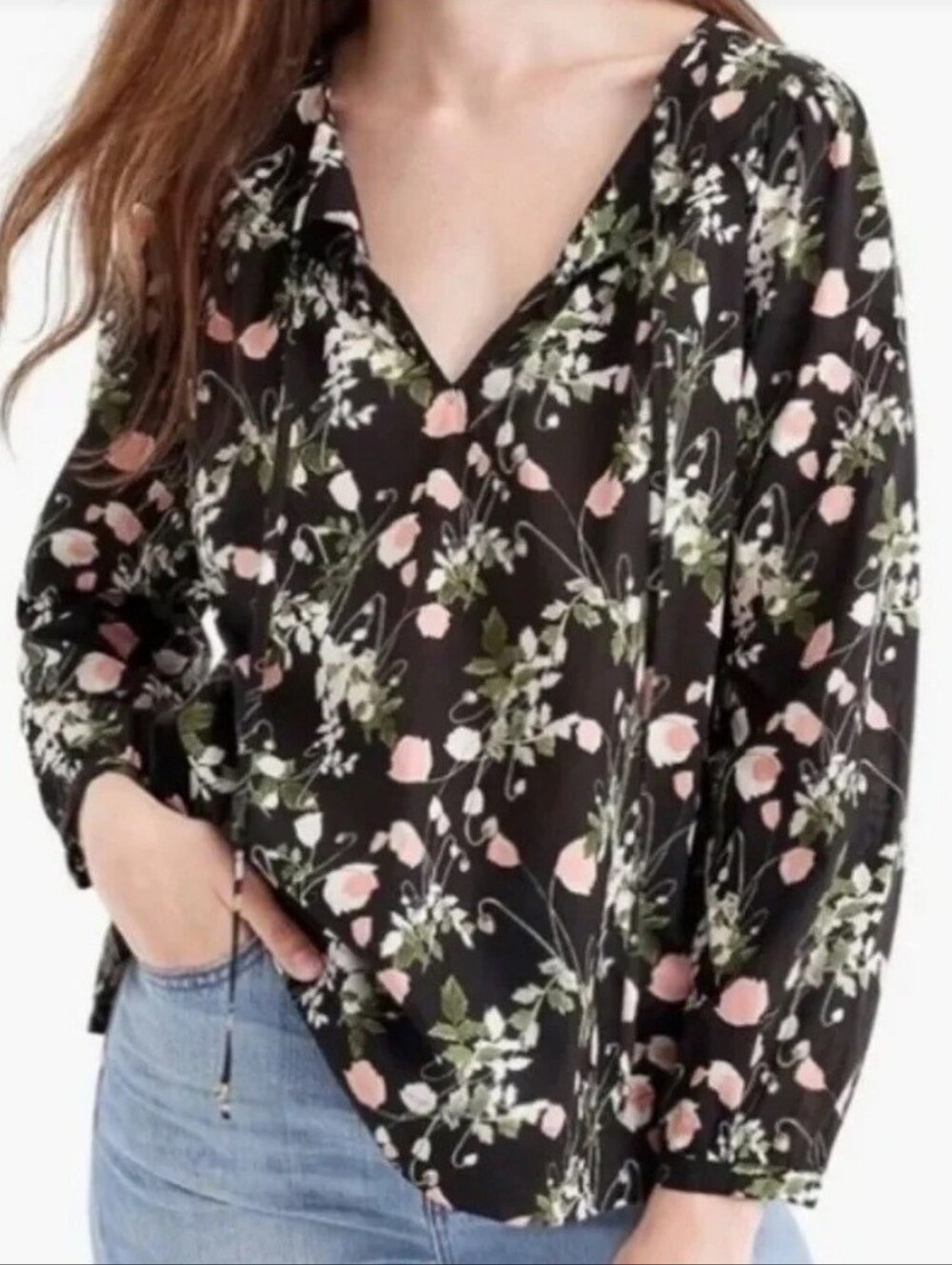 J Crew Liberty Art Fabric Peasant Blouse Top Poppy Black Womens Size XL Cotton